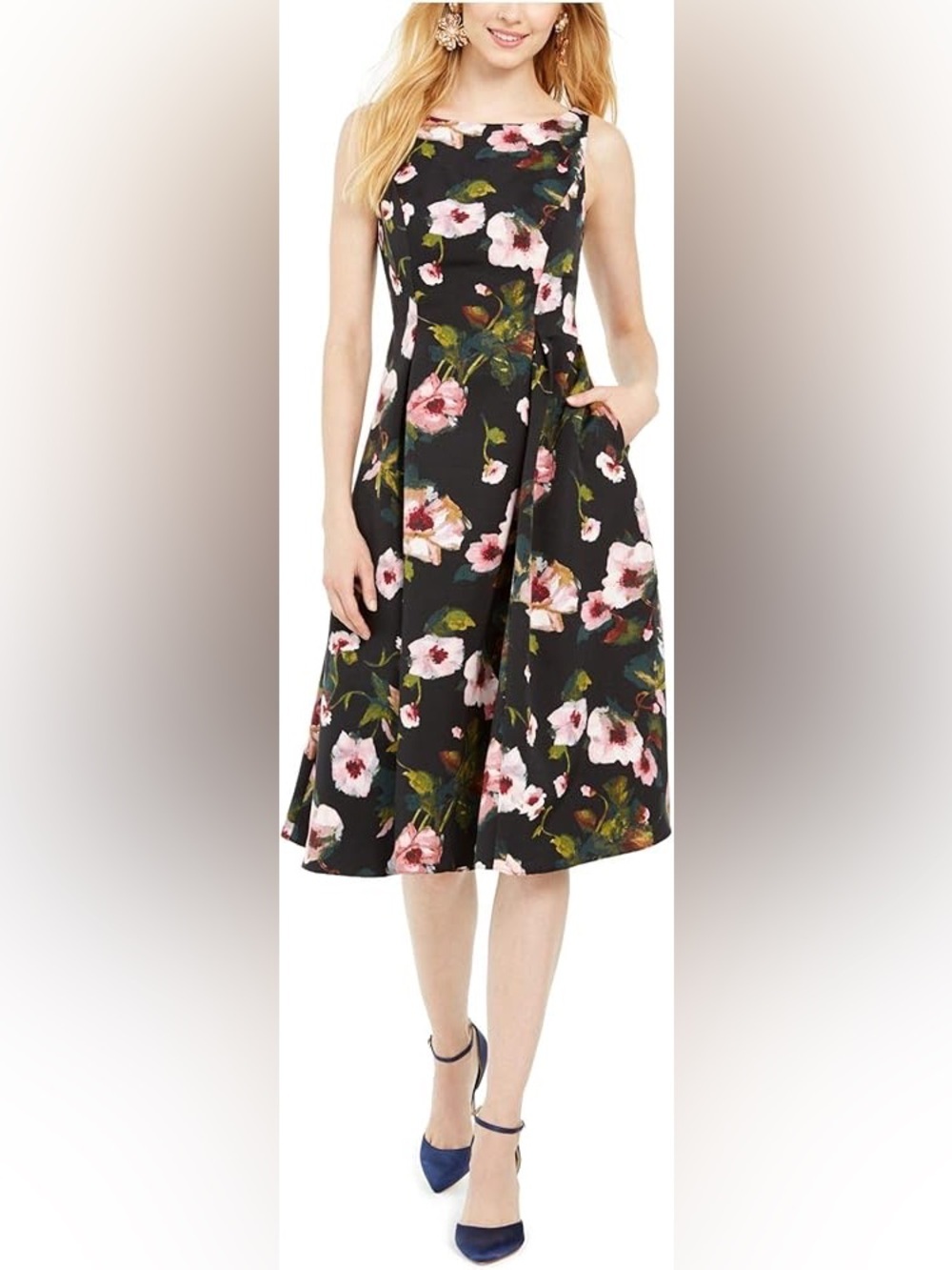 Adrianna Papell Black Floral Fit and Flare Sleeveless Jewl Neck Midi Dress 12